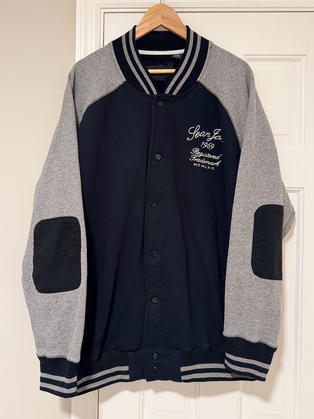 Sean John Varsity Jacket Mens 3XB Big 3XL Fleece Snap Letterman Gray Navy Y2K
